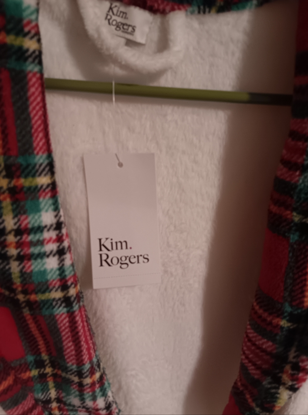 Kim Rogers Plush White Robe with Red Plaid Trim and Belt. Small NWT. - Picture 6 of 6
